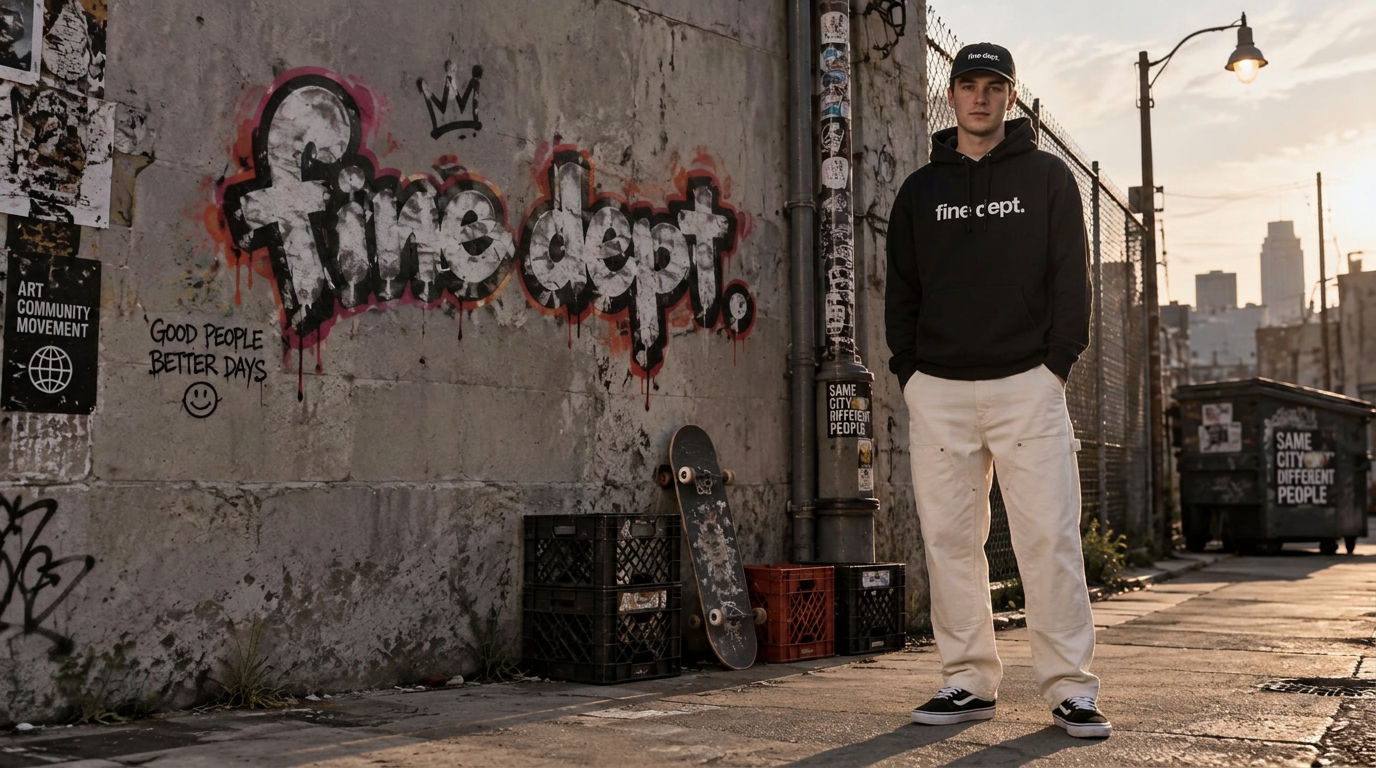 Skatista com moletom e boné pretos Fine Dept. em frente a muro grafitado